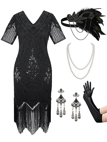 SWEETV 20er Jahre Kostüm Damen Gatsby Kleid Damen,1920er Kleider Mit Accessoires Charleston Kleid 20er Jahre