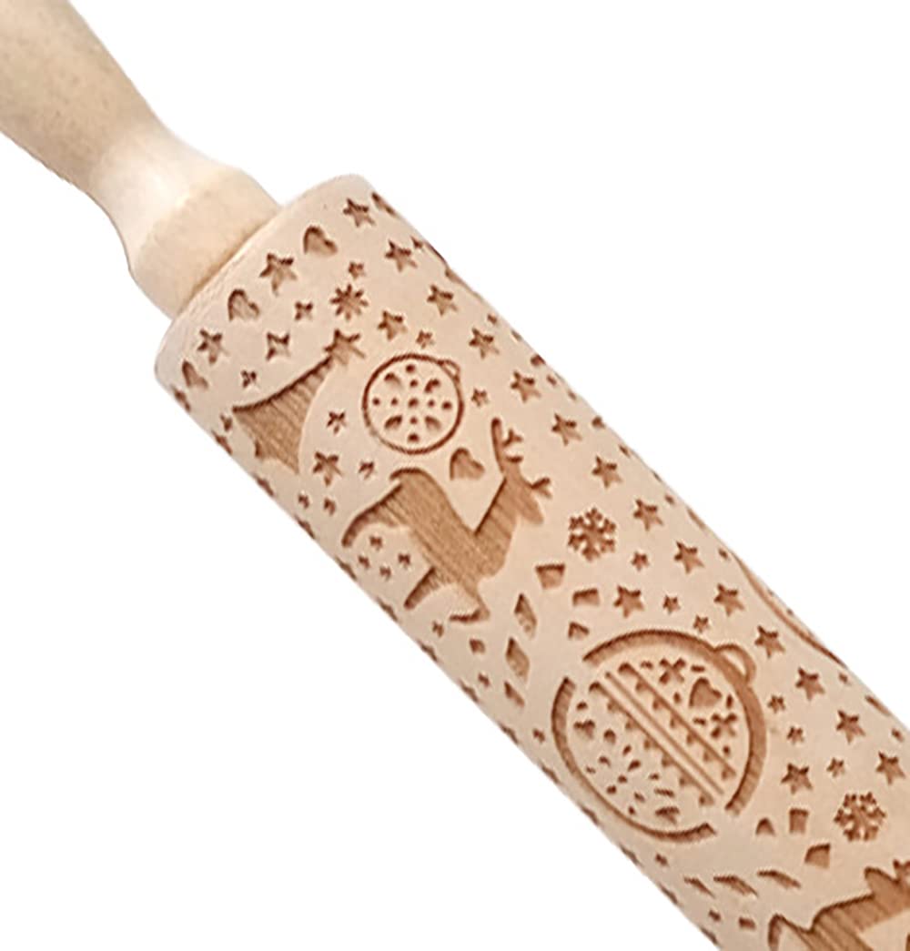 Rodillos de Madera de Navidad, utilizados para Hacer postres de Galletas en Familia, Rodillo de amasar profundamente Grabado en Relieve, con patrón de Ciervo navideño para Hornear