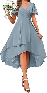 Women's Chiffon Short Sleeve Midi Dress Flowy A-Line V Neck Wrap Dress Evening Party Wedding Guest Cocktail Dresses