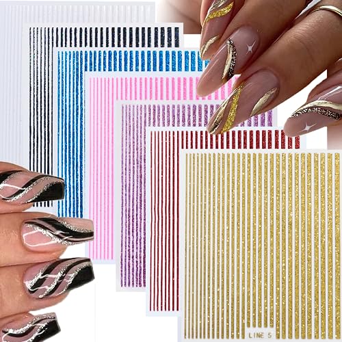 Glitter Lines Nail Art Stickers 3D Self Adhesive Line Nail Decals French Tips Holographic Gold Pink Black Silver Stripe Nails Stickers Supplies For Women Manicure 7 Sheets #TOP5