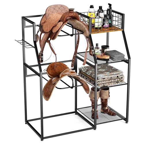SINGBLA Saddle Rack with Storage Heavy Duty Freestanding Saddle Stand for Western & English Saddles Tack Organizer with Blanket Bar & Shelves for Stable Tack Room & Garage 48 H x 40.5 L x 20 W