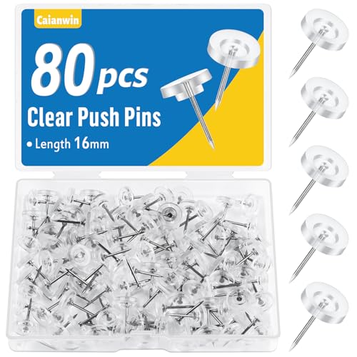 Caianwin 80 Piezas de Chinchetas con Cabeza, Chinchetas Transparentes, Chinchetas de 16mm Chinchetas Blancas con Caja de Almacenaje para Bricolaje,Tarjetas de Pared,tablón de Anuncios
