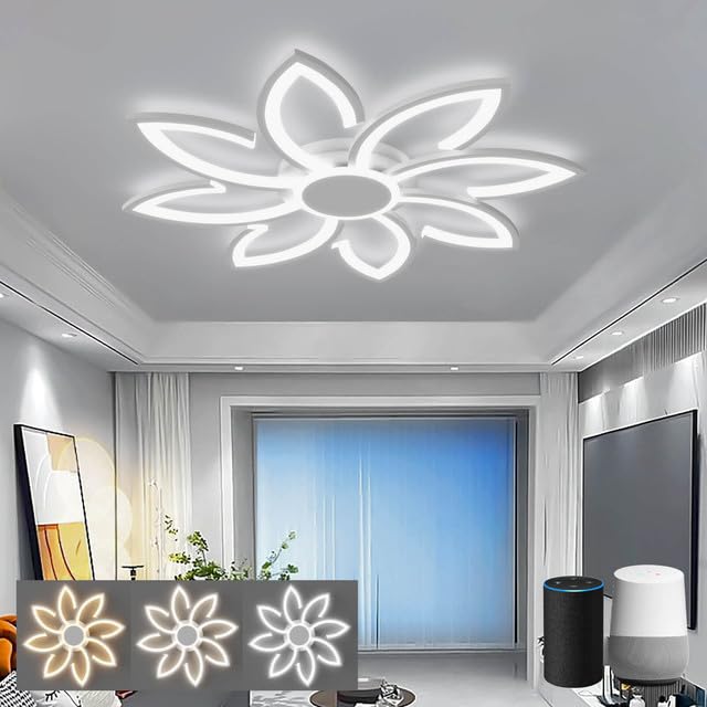 LJX 90cm Plafoniera LED Moderno Compatibile con Alexa & Google Assistant Controllo Vocale Intelligente Lampadario Fiore Design Bianco Dimmerabile Timer per Camera da Letto Soggiorno