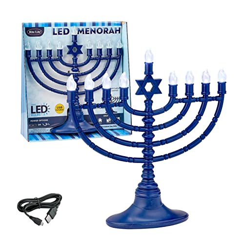 Rite Lite Blue Plastic Electric LED Low Voltage Chanukah Menorah with Clear Bulbs - Hanukkah Menorah Battery or USB Powered - Includes a Micro USB 4' Charging Cable