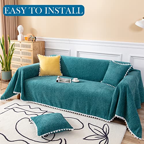 Handontime Teal Dog Couch Cover Protector Green Chenille Sofa Throw Cover Turquoise Sofa Covers For 3 Cushion Couch With Floral Lace Boho Futon Couch Cover For Cat Kids Farmhouse Decorative, 71" X134" #TOP1