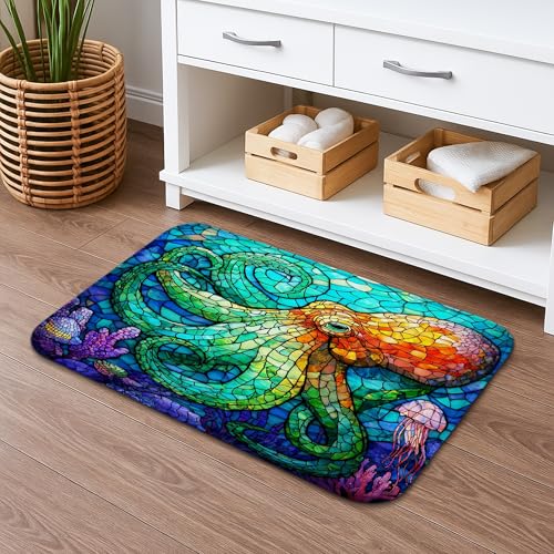 Octopus Stained Glass Quick Dry Bath Mat, Colorful Oceanic A