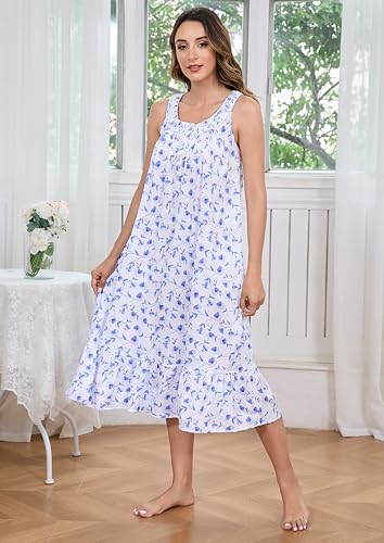 Image of IZZY + TOBY 100% Cotton Nightgowns for Women Soft Ladies Gowns Sleepwear Long Sleeveless Nightgown