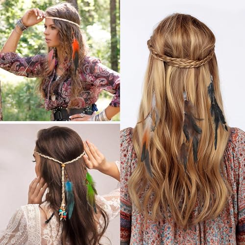 HZHSGLY 6 Stück Feder Haarschmuck, Haarfeder Verlängerungen Boho Hippie Festival Zubehör Handgefertigter Haarnade Kopfschmuck für Frauen Mädchen Halloween Cosplay Kostüm