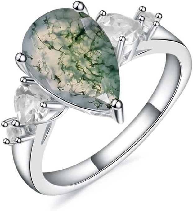 Aihpos Natural Moss Agate Rings for Women - 2.0 Carat Pear Cut Moss Agate Engagement Ring 925 Sterling Silver 10K 14K 18K Gold Unique Green Moss Agate Promise Rings (925)