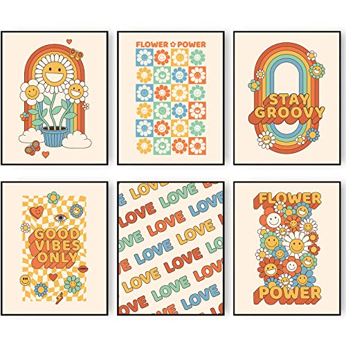 Stay Groovy Arte de pared vintage, impresiones de flores hippie, lienzo retro de los años 60 y 70, pósteres minimalistas de cara feliz, fotos bohemias para 11x14 pulgadas, sin marco