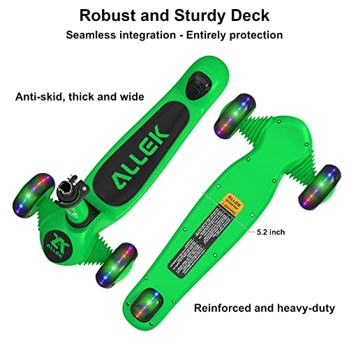 Allek Kick Scooter Foldable F02, 3-Wheel Led Flashing Glider And 4 Adjustable Height With Anti-Slip Thick Deck Push Scooter For Children 3-12Yrs (Lime Green) #TOP3