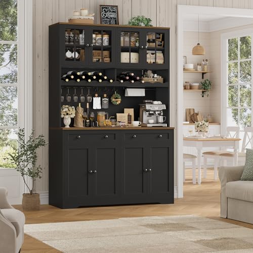 Image of HOSTACK 75.4 inch Tall Kitchen Pantry Cabinet with Charging Station, Modern White Kitchen Hutch with Microwave Stand and Wine Rack, Large Food Pantry Storage Cabinet with Glass Doors and Drawers, Black