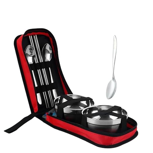 Ghbunuz 2人用食器セット テンレススチール製 スプーン 箸付き 収納バッグ付 BBQ ピクニック キャンプ 登山 旅行用 携帯便利 (赤いストレートハンドルスプーン(2個セット))