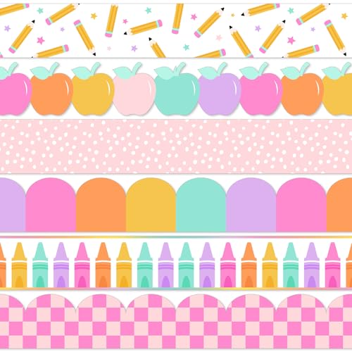 Image of 60 Pcs 69 ft Pastel Bulletin Board Borders Back to School Classroom Decor Pencil Dot Apple Crayon Die-Cut Border Trims for School Teacher Classroom Blackboard Decoration