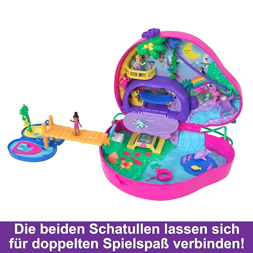 Polly Pocket Faultierfamilie 2-in-1 Taschenschatulle - Tropisches Abenteuer mit 12 Accessoires, Dschungelspielbereiche und versteckter Strand, für Kinder ab 4 Jahren, HRD40