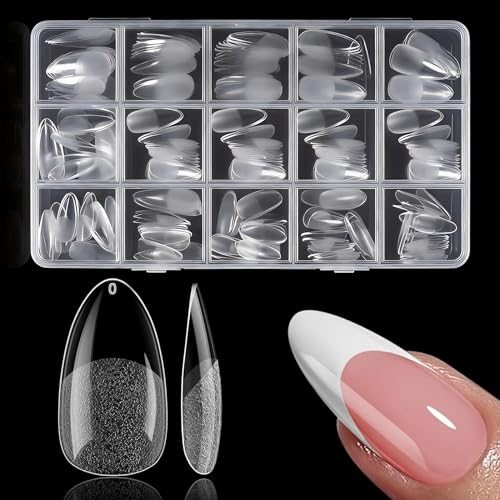 Almond Nail Tips, 240Pcs Pre Etched Clear Medium Almond Gel Nail Tips, Half Matte Full Cover Acrylic Fake False Press on for Nail Extensions DIY, 15 Sizes
