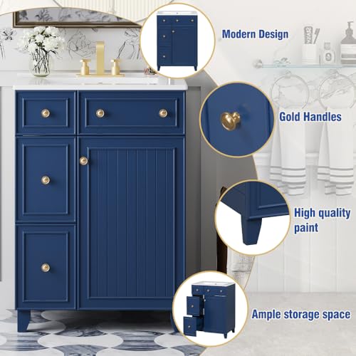Image of 24 Inch Bathroom Vanity with Ceramic Sink, Freestanding Vanity Cabinet with 2 Drawers and 1 Door (Blue)