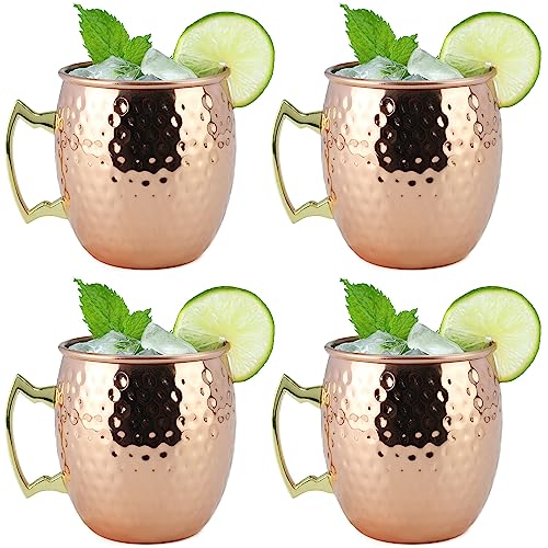 Arora Moscow Mule Mug, Set Of 4 Copper Hammered, Durable For Home Dining, Max Capacity 20Oz, 3.7" D X 3.9" H #TOP18