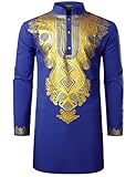 LucMatton Men's African Traditional Dashiki Luxury Metallic Gold Printed Mid Long Shirt Royal Blue Large