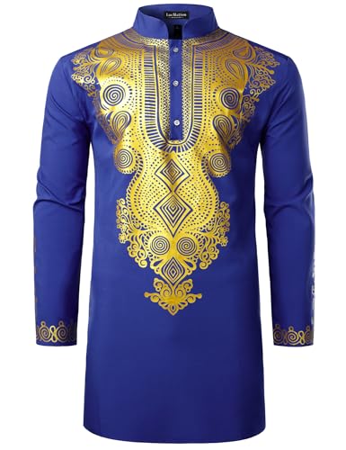 LucMatton Men's African Traditional Dashiki Luxury Metallic Gold Printed Mid Long Shirt Royal Blue Large