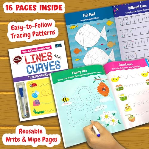 Image of Lines and Curves Write and Clean Reusable Book for kids, Childrens and Toddlers - Early Tracing Workbook, Fun Pattern and activities, Mazes, Puzzle Games - Ages 2+ Years: English