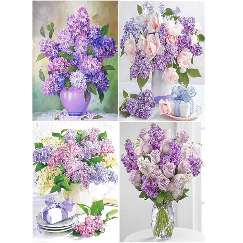 SHEGZHUC Lot de 4 fleurs violettes 30 x 40 cm – Peinture diamant fleur lilas peinture par numéros – Peinture diamant images adultes roses bouquet dans...