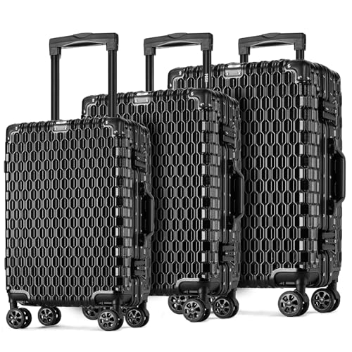 POSH Maleta rígida – Carros de policarbonato con marco de aluminio y cerraduras TSA – M, L, XL, maletín de viaje 60, 70, 80 cm, silencioso, ruedas dobles de 360 grados, Negro , CONJUNTO, Maletín