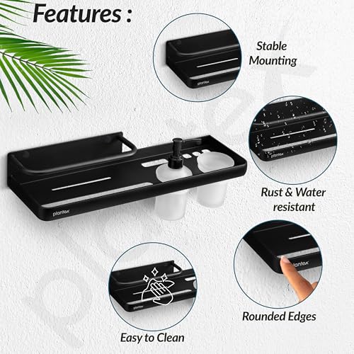 Image of Plantex 4 in 1Shelf for Bathroom /Aluminium Bathroom Shelf Rack /Self Adhesive Bathroom Shelf /Liquid Soap Dispenser /Tooth Brush Holder /Towel Hanger Space /Bathroom Accessories Set-(Pack-1, Black)