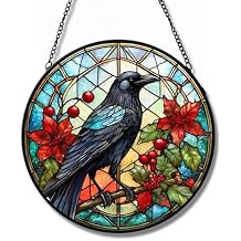 Bidesign 7.8 Inch Round Stained Glass Crow Christmas Suncatcher Hanging Window Ornament Vibrant Floral Glass Wall Decor Home Garden Balcony Pendant Gift for Bird Lovers