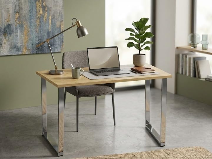 Image of Modern Engineered Wood Study Table with Metal Frame - Office & Home Desk Pack of 1 (Beige)