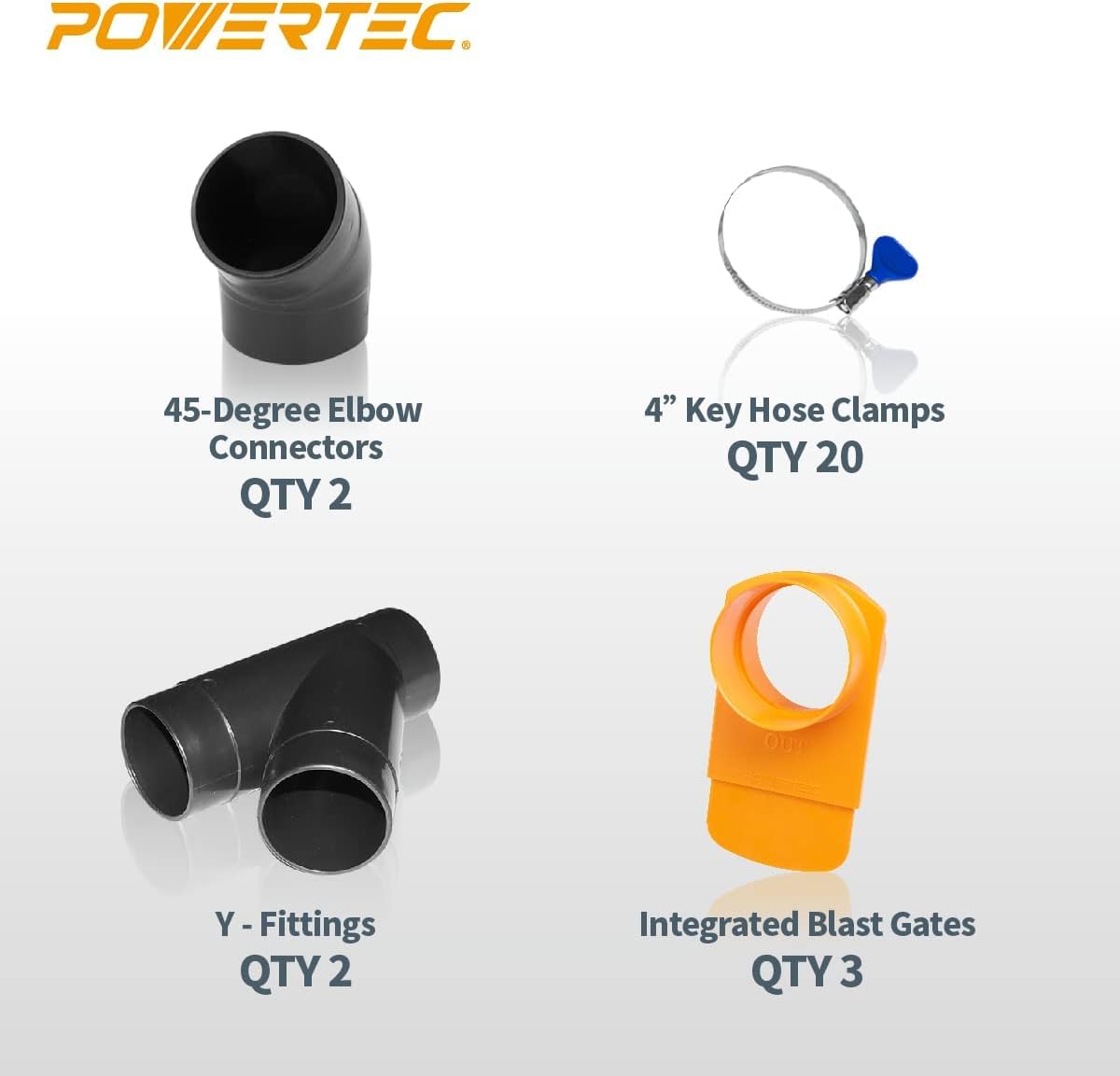 POWERTEC 70430 PVC-Staubsammelschlauch, flexibel, transparent, mit 10,2 cm bis 6,4 cm Schlauchkegel-Reduzierstück und 10,2 cm Armaturen-Set mit Anschlüssen, Strahltoren und Schlüssel-Schlauchschellen
