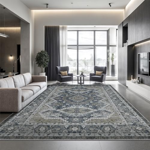 Rugland 9x12 Area Rug - Stain Resistant Washable Rug, Anti Slip Backing Rugs for Living Room, Vintage Tribal Area Rugs (TPR07-Navy, 9'x12')