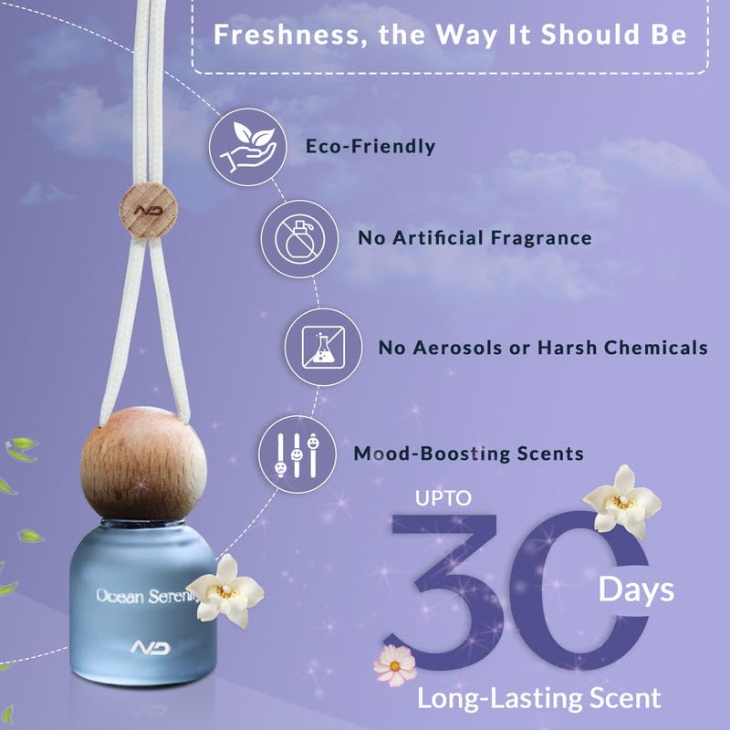 Image of NEODRIFT 'NeoBliss' (Set of 1) | (Ocean Serenity) Car Hanging Diffuser Car Perfume & Air Freshener in Glass Bottle with Wooden Lid and Long Lasting Scent - 10ml