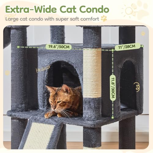 Image of Taoqimiao 72 Inches Cat Tree for Large Cats, Multi-Level Tall Cat Tower, Widened Cat Condo with Large Scratch Board, 5 Scratching Posts, Metal Hammcock, Cozy Basket, Smoky Gray, MS045G
