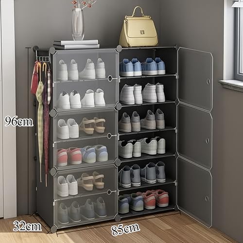 Image of AYSIS Plastic Shoe Rack for Home | ๐๐ ๐๐ก๐๐ฅ๐ DIY Shoe Rack with Door for Home Storage Plastic Box Organizer, Metal Door Frame, Chappal Slipper Sandals Stand (Grey, 12-Shelf-6-Door)