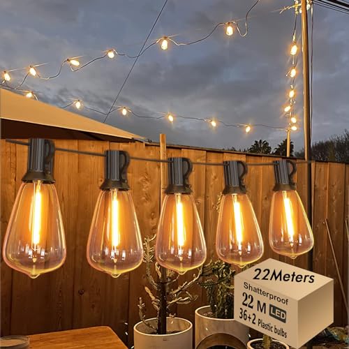 Skeerei 22M Festoon Lights Outdoor Mains Powered Led Garden String Lights with 36+2 LED ST38 Vintage Lights String for Patio Bistro