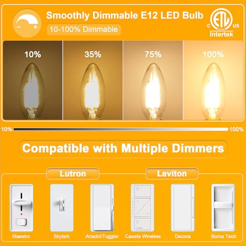 winshine 24 Pack E12 Candelabra LED Bulbs Dimmable 2700K Warm White 60W Equivalent,Energy Efficient 4W, Type B Light Bulb for Chandelier, C35 Ceiling Fan Light Bulb Clear Glass, 600LM - Image 3