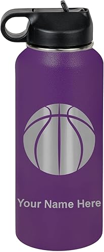 Miniatura 44 de LaserGram Botella de agua personalizada, pelota de baloncesto, acero inoxidable de doble pared aislada al vacío con popote superior, regalo grabado