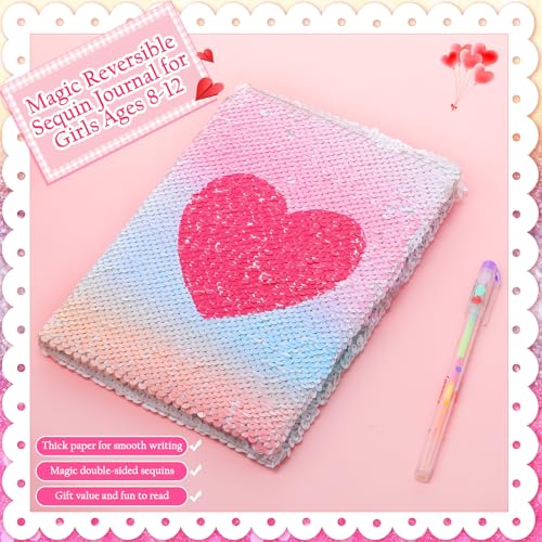 Image of Outus 4 Pcs Sequin Girls Journal Valentines Journal Gift with Color Gel Ink Pens Glitter Notebook Flip Writing Diary for Kids Girl Writing Drawing Travel Gifts(Gradient AB Color,Heart)