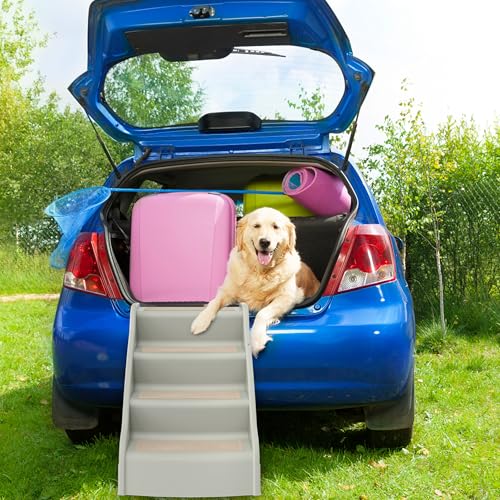 Aufun Hundetreppe 4 Stufen Faltbare Haustiertreppe mit Rutschfester Matte, 50 cm hohe Katzentreppe,Hunderampe Max. Belastung 75 kg, Tragbare Haustiertreppe für Hunde und Katzen,Bett oder Sofa(Grau)