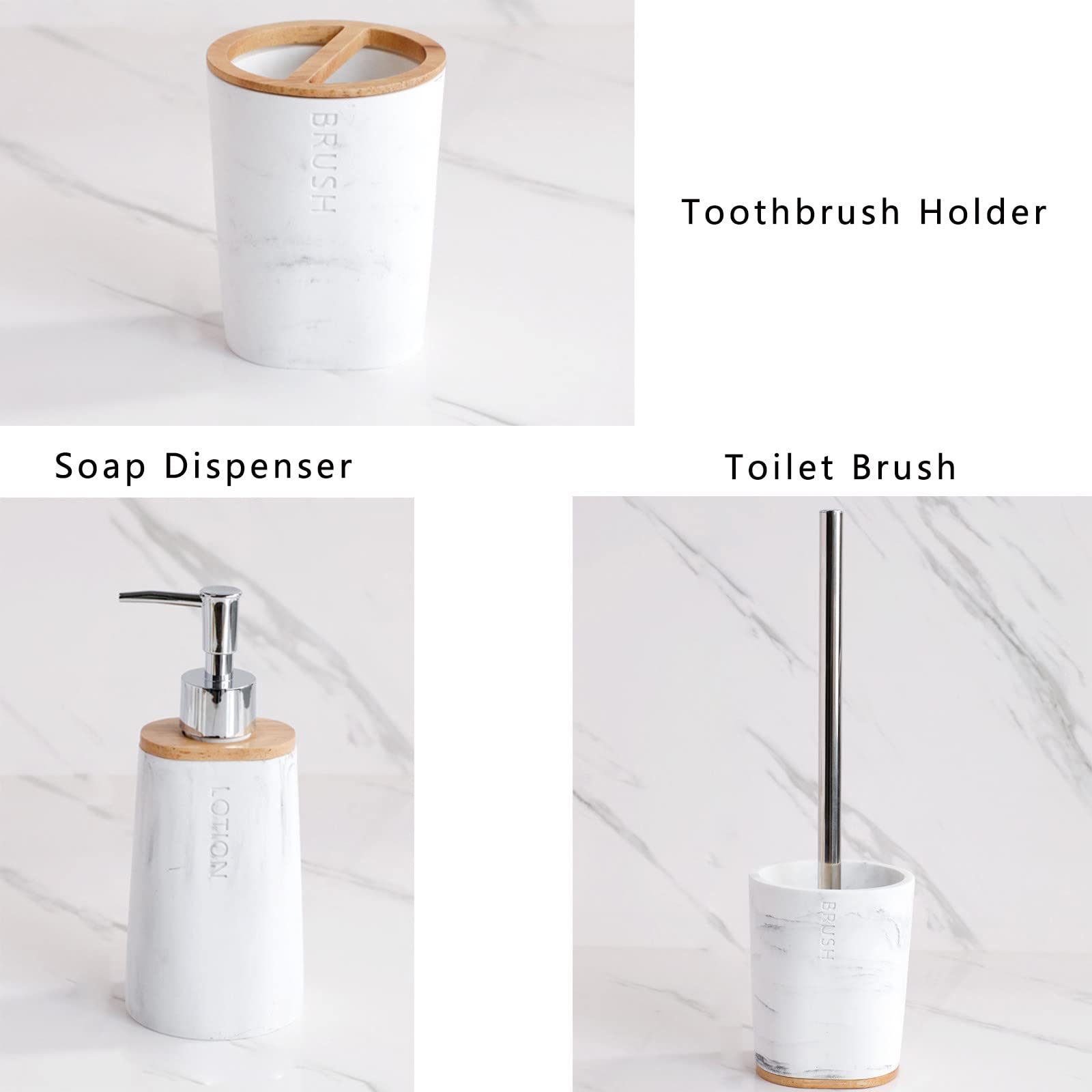 Juegos de Accesorios de baño, Simple Madera Acesorios Cuartos de Baño 5 Piezas con Escobillas de Baño Dispensador Jabon Baño Jabonera Baño Porta Cepillo de Dientes Blanco