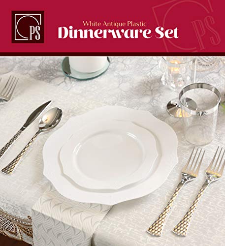 Posh Setting Antique Collection Combo Pack China Look White Plastic Plates,(Includes 2 Packs Of 20 Plates, 20 10'' Dinner Plates And 20 7'' Salad Plates), Fancy Disposable Dinnerware #TOP1