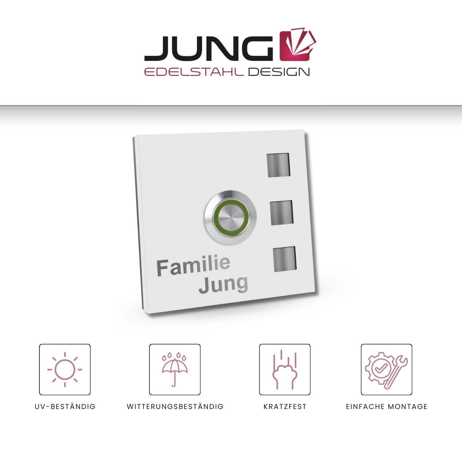 Jung-Edelstahl-Design Türklingel mit Gravur Köln Klingelplatte 7 x 7 cm. Led Taster. Weiss pulverbeschichtetes Klingelschild V2a Edelstahl. (LED grün)