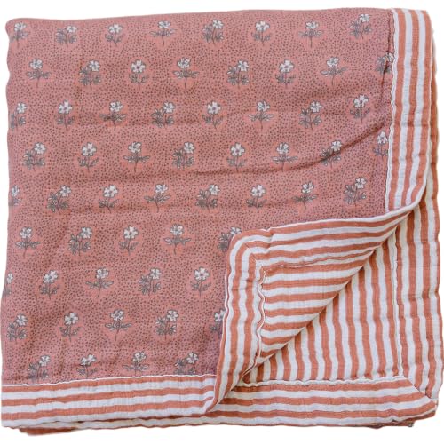 Image of Mebie Baby Muslin Quilt, Vintage Pink Floral Pink Stripes, 100% Cotton Baby Blanket for Girls & Boys, Newborns to Toddler, Soft Swaddle Blanket, 47 inchx47 inch
