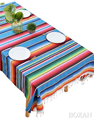 Boxan 100% Cotton 59 X 84 Inch Mexican Blanket Tablecloth For Chic Mexican Fiesta Wedding Parties Shower Decorations, Square Mexico Fringed Serape Outdoor Picnic Linen Table Cover Camping Blankets #TOP4