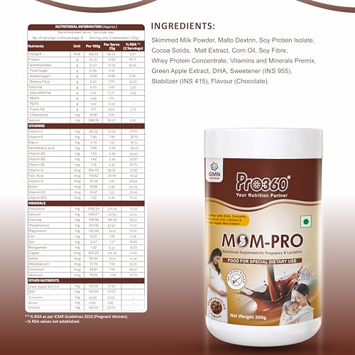 Image of PRO360 Mom-Pro Nutritional Supplement For Pregnant & Lactating Women Complete Maternal Nutrition During Pregnancy With Protein, Dha, Vitamins, Minerals Swiss Chocolate Flavor, 200 Gm