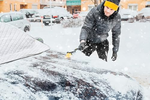 Image of Silver Black Windshield Car Glass Cover for Winter Storm Ice and Snowfall,Waterproof Fabric for Harshest Snow Freeze Weather, Extended Cover for Side Mirrors and Snow /Ice Brush Scrapper