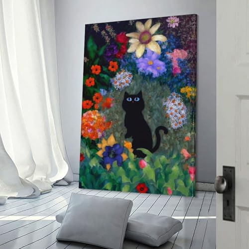 Affiche Toile Chat Noir Fleurs Art Mural Décoration Salon Moderne 50x75cm