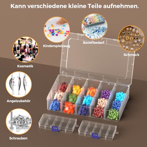 3 Stück Plastik Sortierbox, Aufbewahrungsbox mit 10/15Fächer, Einstellbar Sortimentskasten, Sortierboxen für Kleinteile, Sortierkasten Kleinteile für Perlen Schmuck Ohrringe Haargummi Schrauben