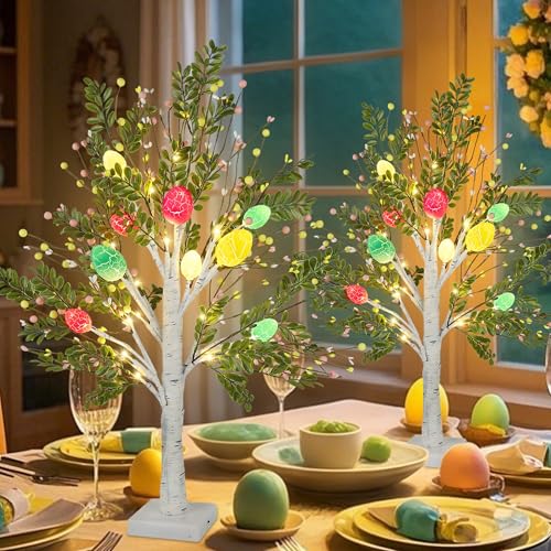DR.DUDU 27 Inch Easter Decorations for Home – 2 Pack Lighted Easter Trees, Light Up Birch Trees with Easter Egg, Tabletop Spring Decor for Mantel Indoor Office
